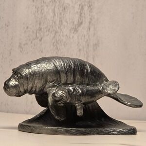 Michael Ricker Pewter Manatee Mother and Calf Sculpture Figurine 1990 Signed